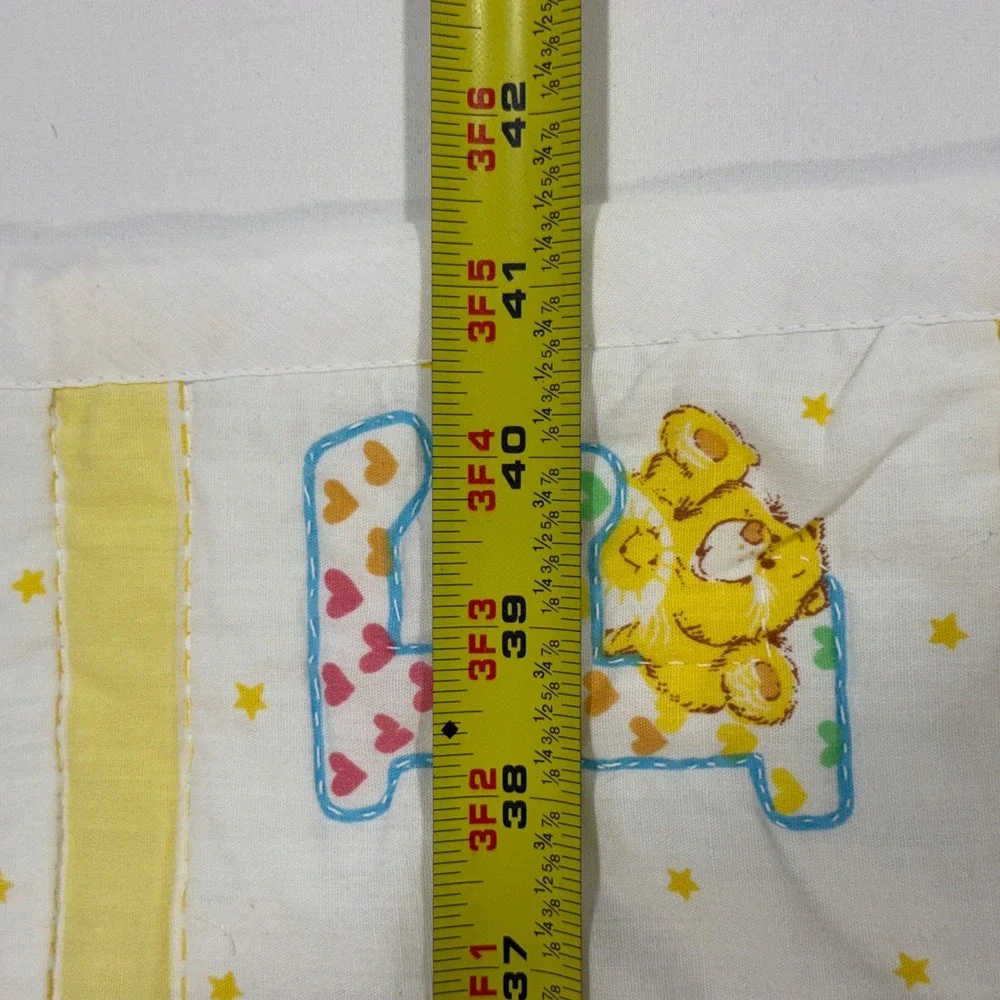 Vintage 80s Care Bears Alphabet Baby Quilt Blanket ABC Nursery Yellow 45x41